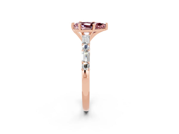 Rose gold Pear Cut Morganite Solitaire with Side Baguettes and Channel Set Band