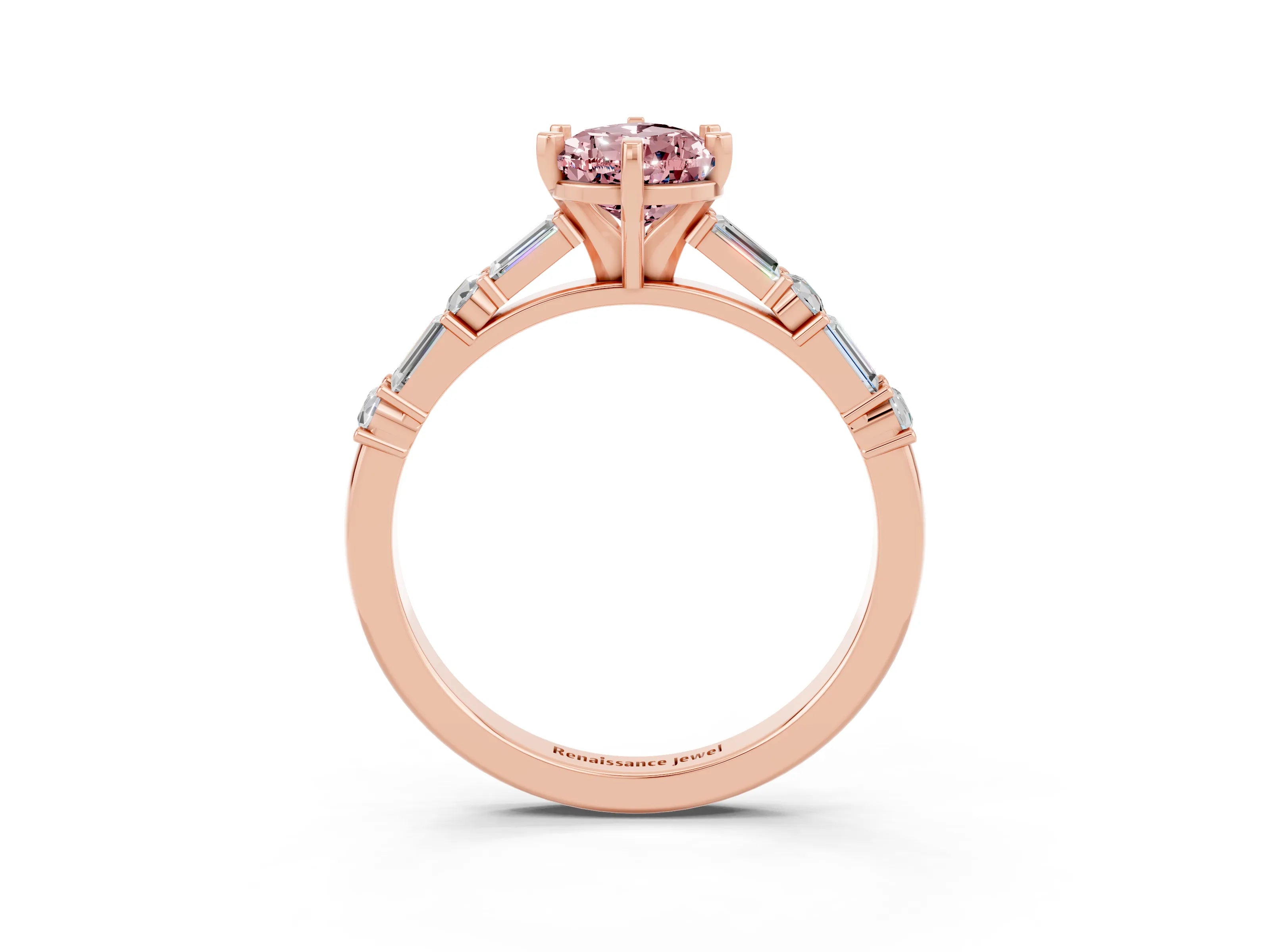 Rose gold Pear Cut Morganite Solitaire with Side Baguettes and Channel Set Band_3