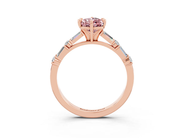 Rose gold Pear Cut Morganite Solitaire with Side Baguettes and Channel Set Band