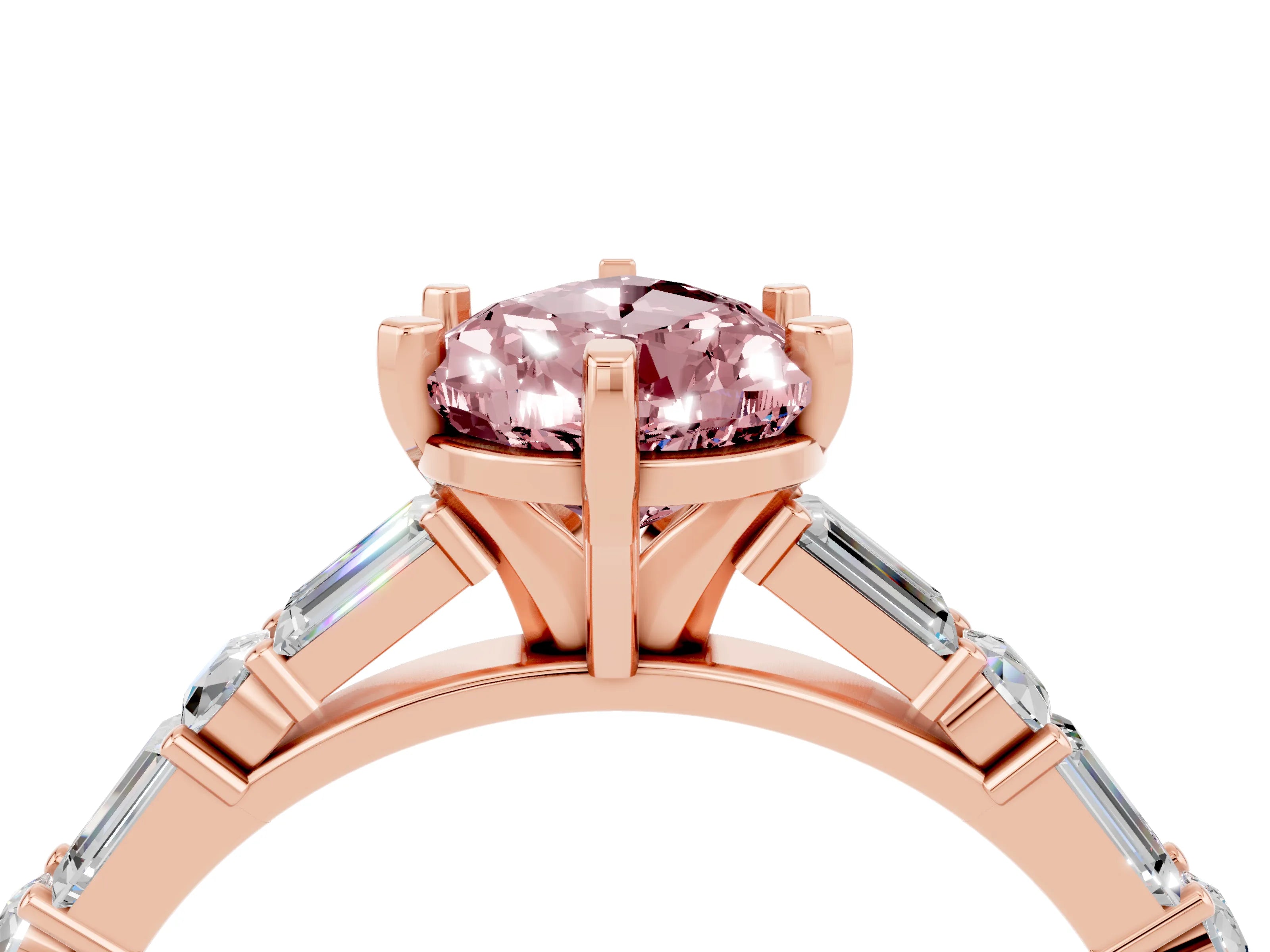 Rose gold Pear Cut Morganite Solitaire with Side Baguettes and Channel Set Band_4