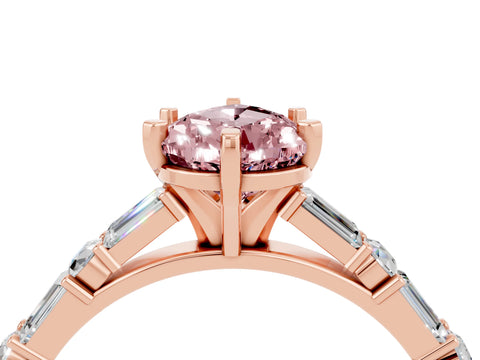 Rose gold Pear Cut Morganite Solitaire with Side Baguettes and Channel Set Band_4