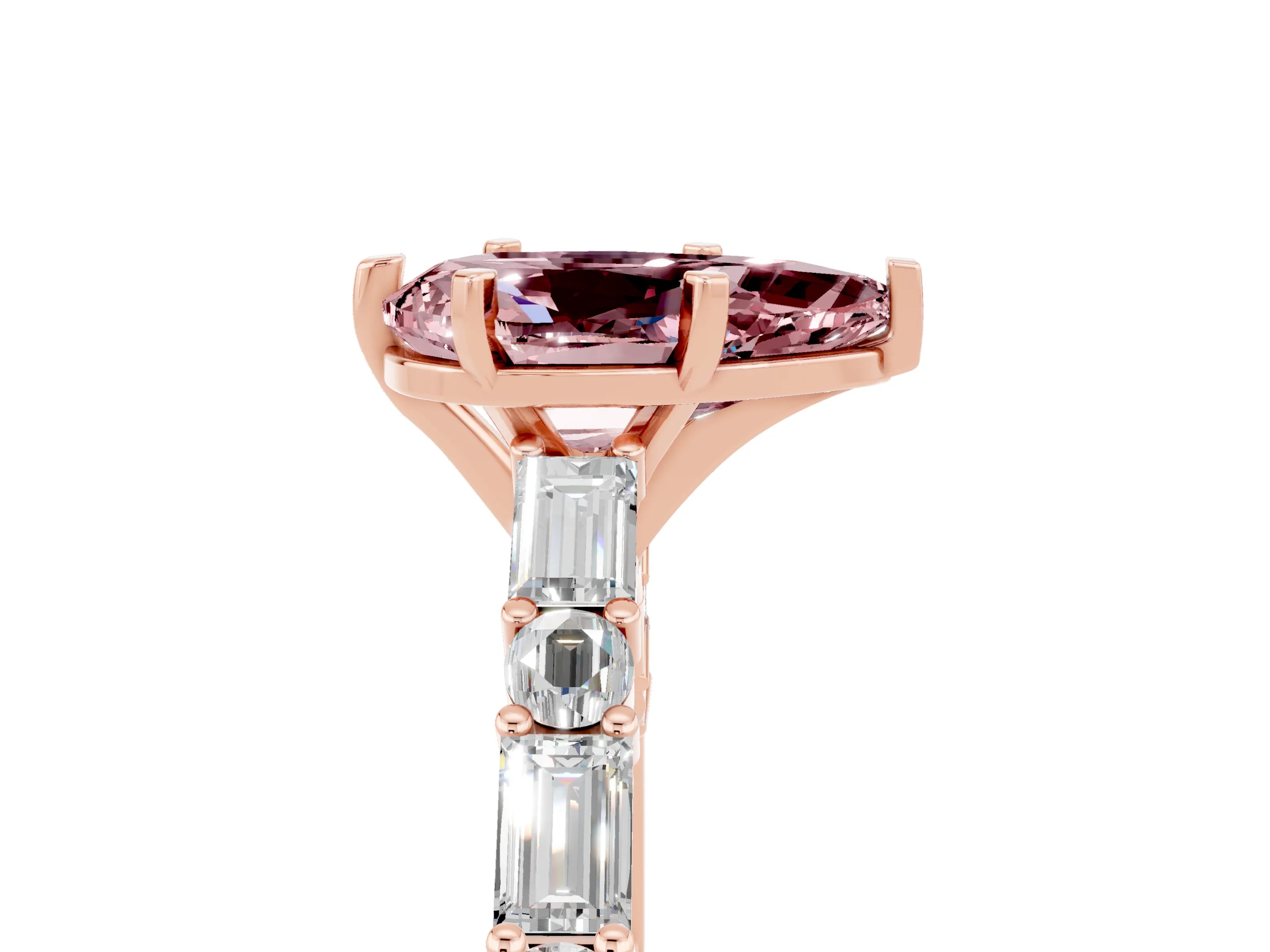 Rose gold Pear Cut Morganite Solitaire with Side Baguettes and Channel Set Band_5