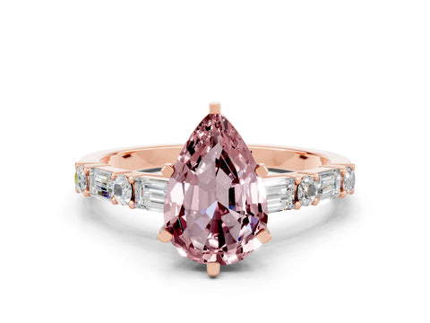 Rose gold Pear Cut Morganite Solitaire with Side Baguettes and Channel Set Band