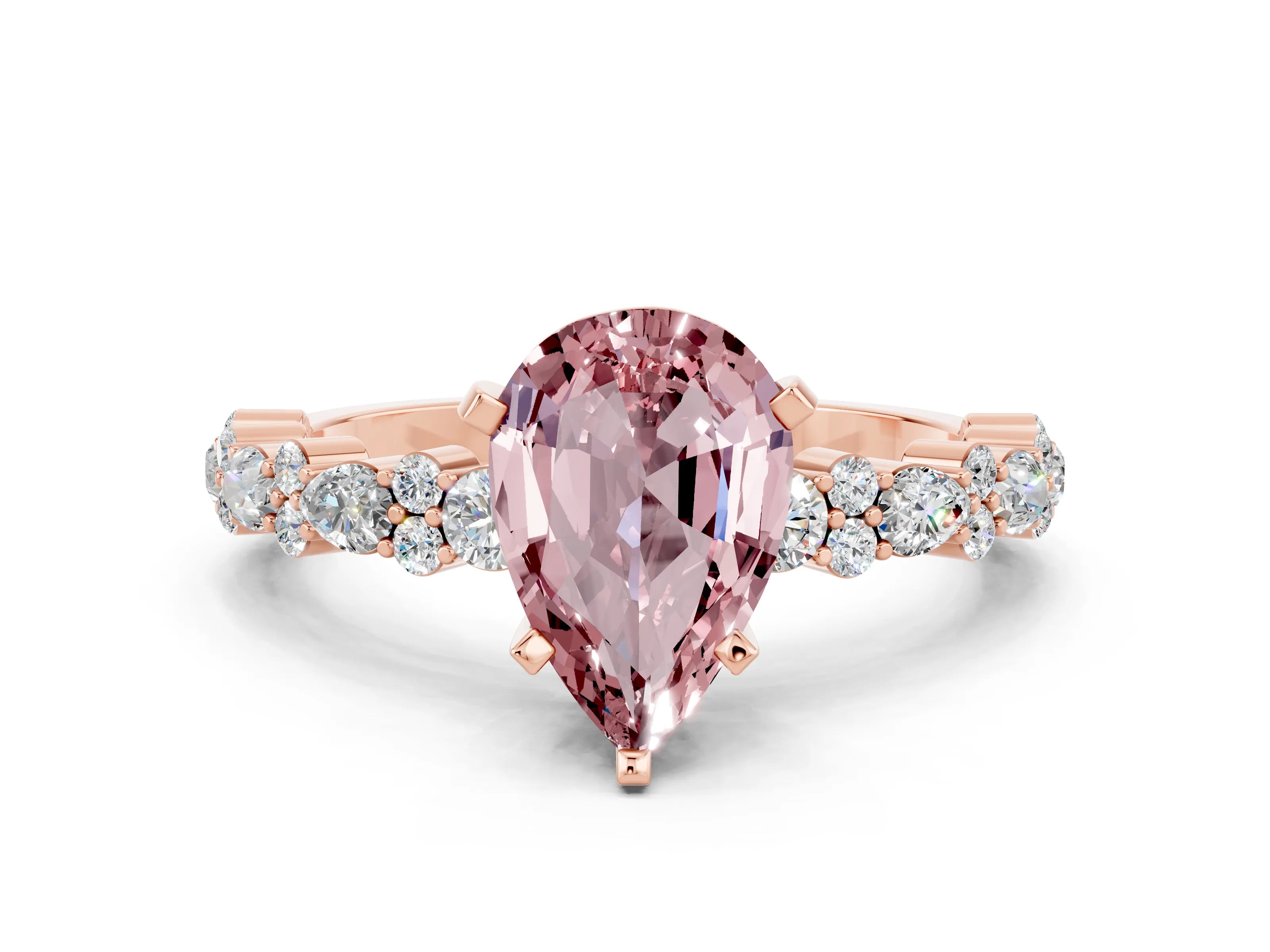 Rose gold Pear Cut Morganite Solitaire with Side Stones, Pave Band, Four-Prong Setting_24