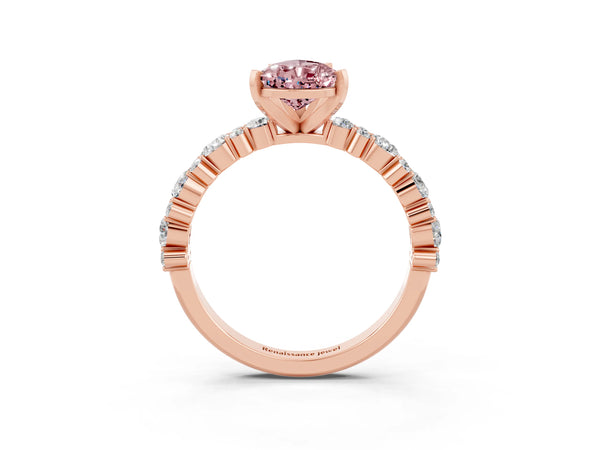 Rose gold Pear Cut Morganite Side Stone Solitaire Ring with Round  and Four-Prong Setting