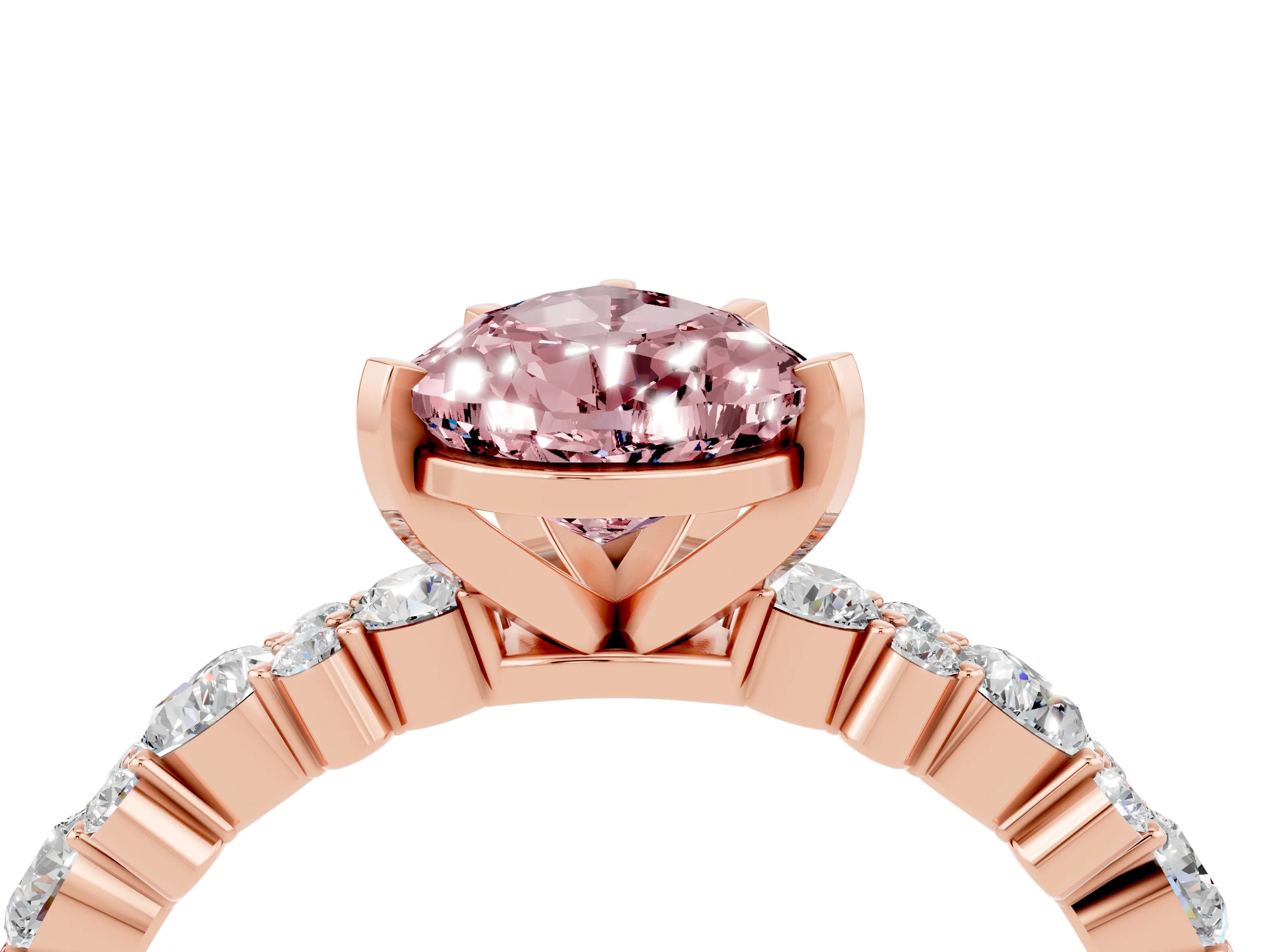 Rose gold Pear Cut Morganite Solitaire with Side Stones, Pave Band, Four-Prong Setting_28