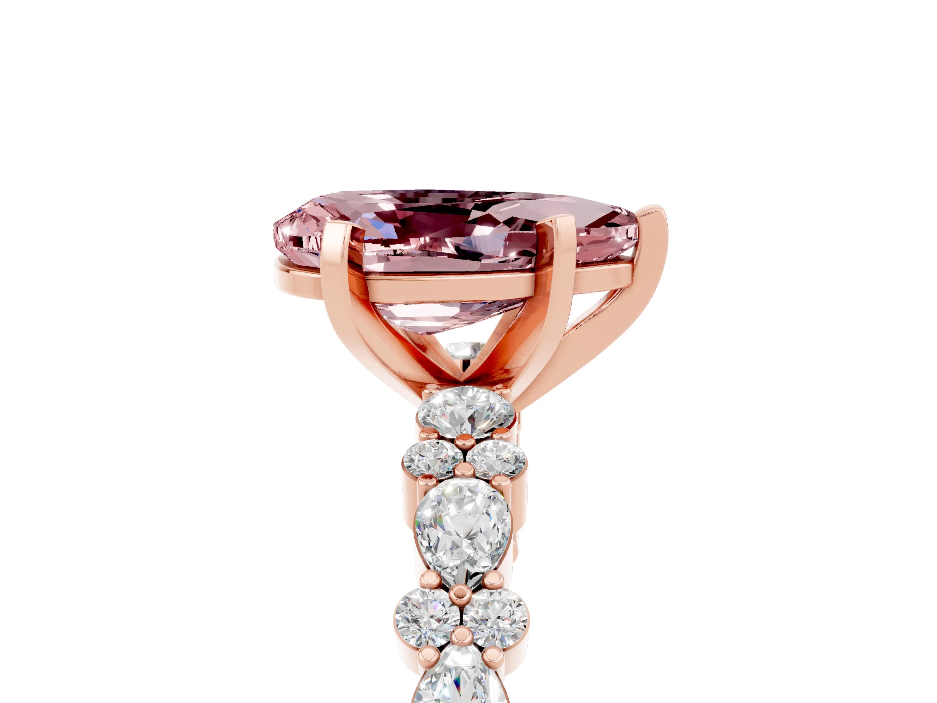 Rose gold Pear Cut Morganite Solitaire with Side Stones, Pave Band, Four-Prong Setting_29