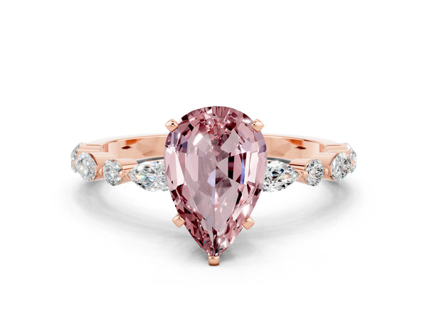 Rose gold Pear Cut Morganite Ring with Marquise and Round  Side Stones and Four-Prong Setting