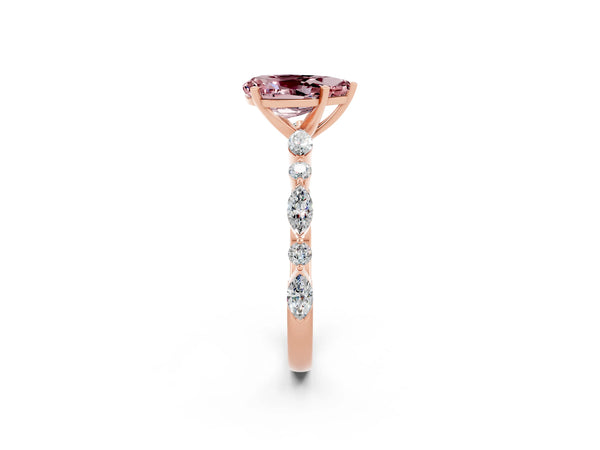 Rose gold Pear Cut Morganite Ring with Marquise and Round  Side Stones and Four-Prong Setting