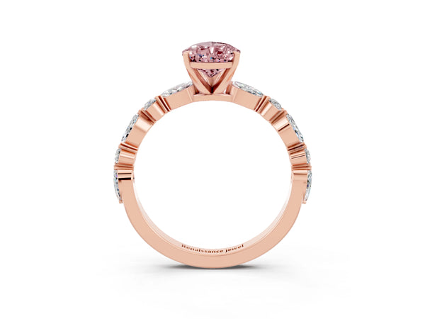 Rose gold Pear Cut Morganite Ring with Marquise and Round  Side Stones and Four-Prong Setting