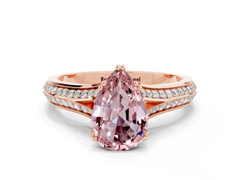 Rose gold Pear Cut Morganite Split Shank Engagement Ring with Pavé Band