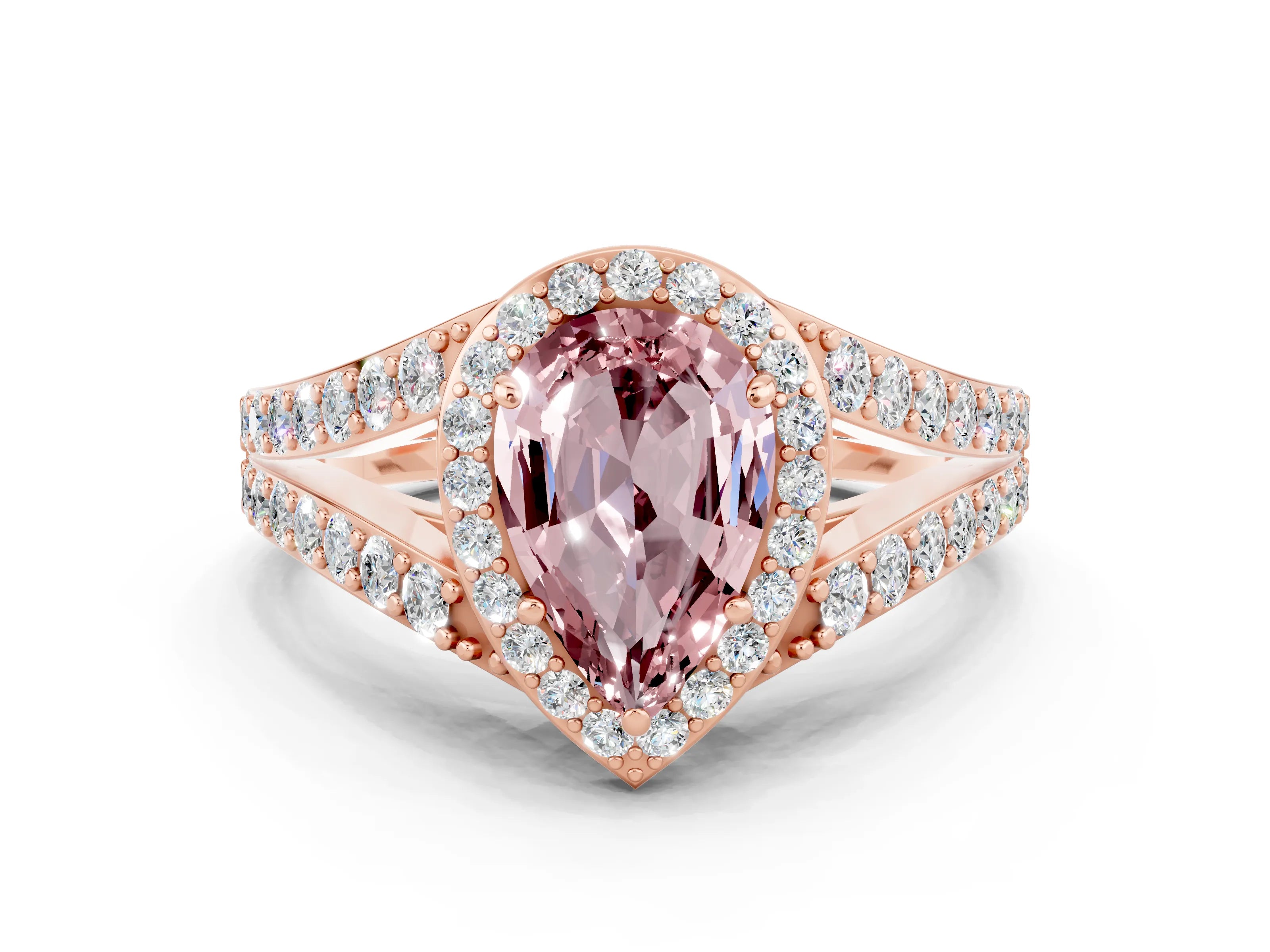 Rose gold Pear Cut Morganite Split Shank Halo Ring with Four-Prong Setting_12