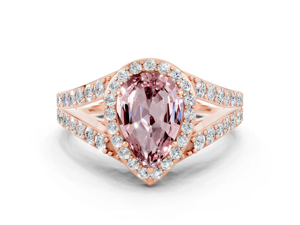 Rose gold Pear Cut Morganite Split Shank Halo Ring with Four-Prong Setting