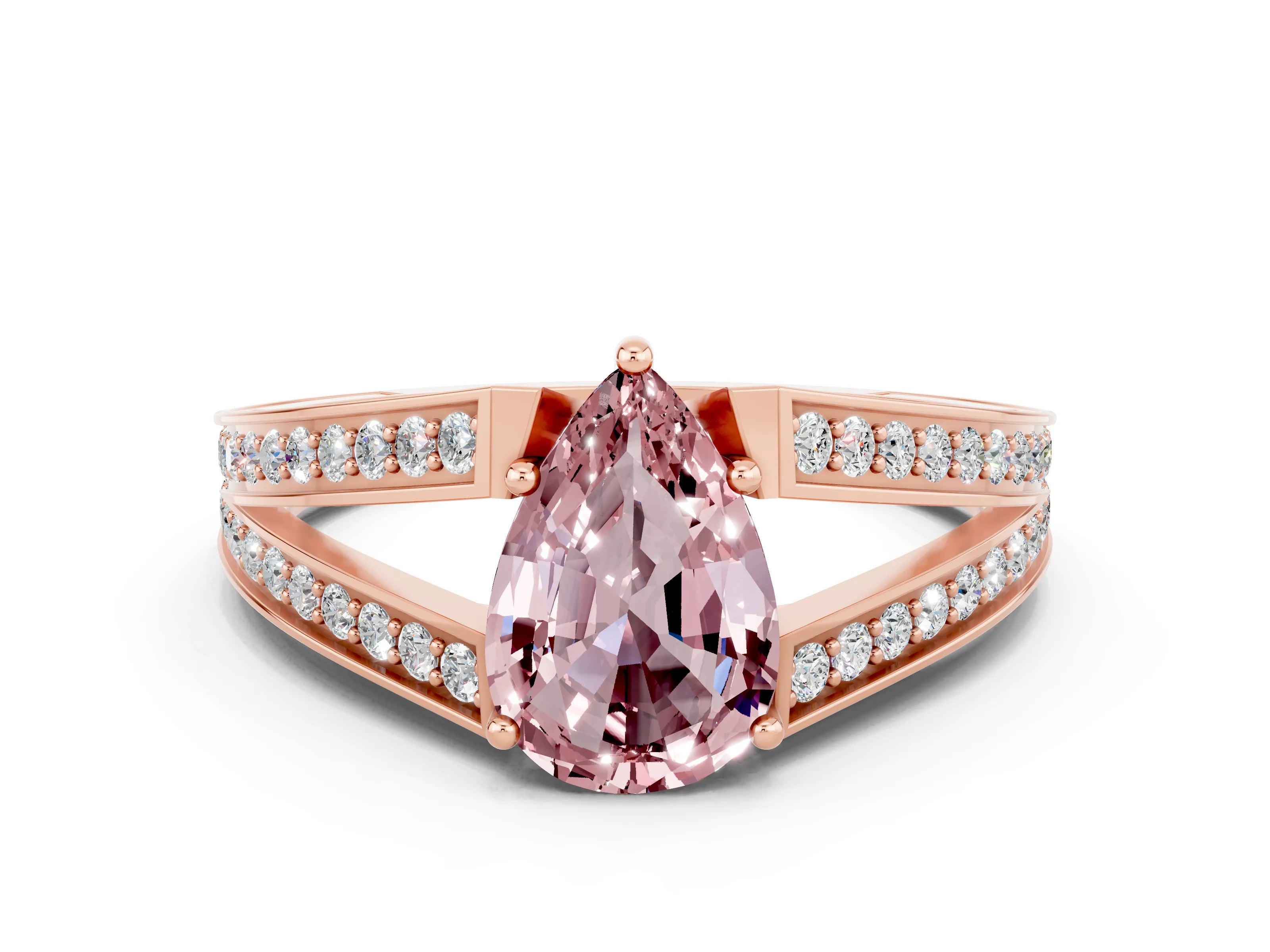 Rose gold Pear Cut Morganite Split Shank Ring with Pavé Band and Four-Prong Setting