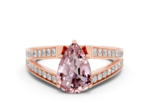 Rose gold Pear Cut Morganite Split Shank Ring with Pavé Band and Four-Prong Setting
