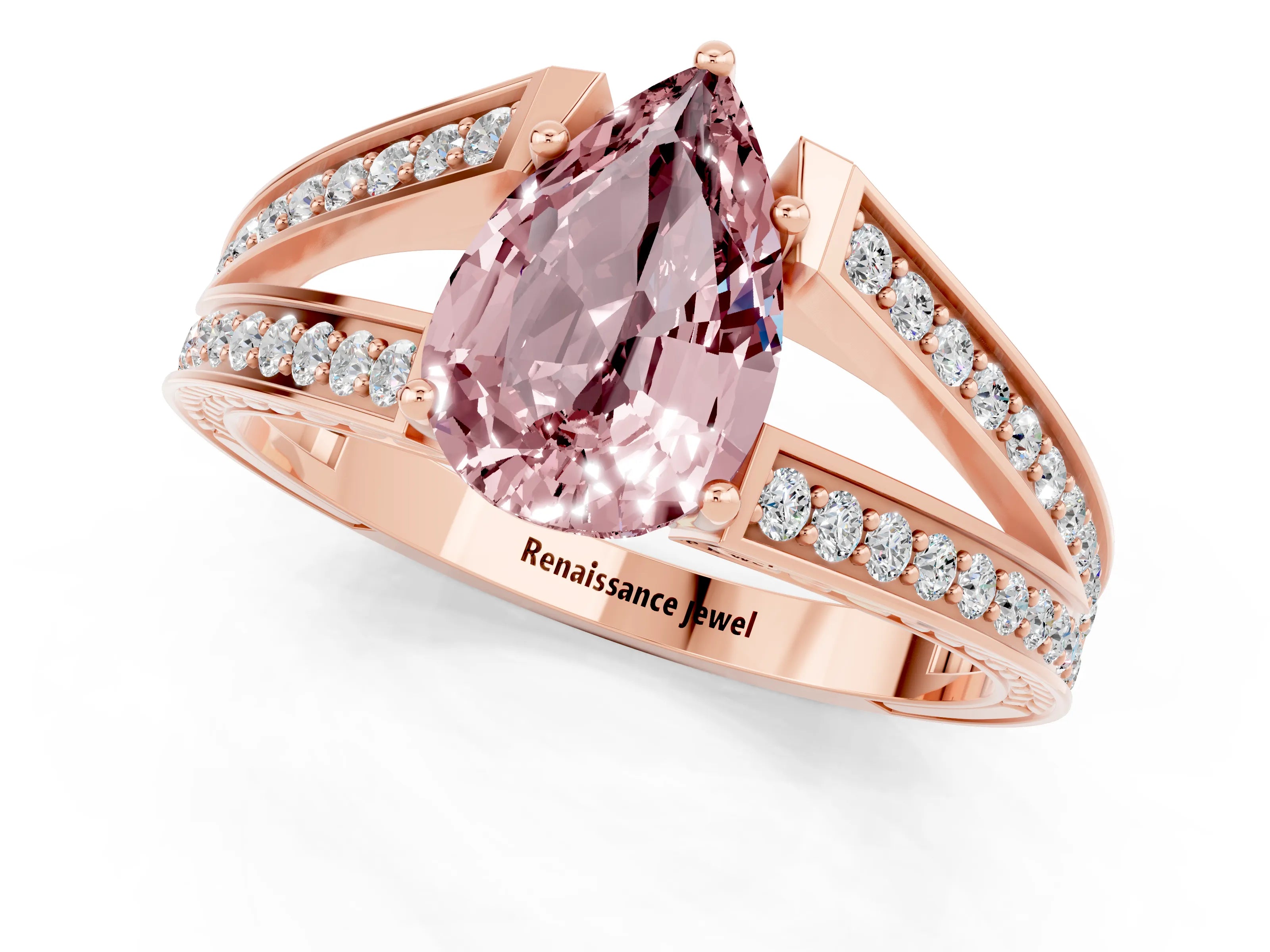 Rose gold Pear Cut Morganite Split Shank Ring with Pavé Band and Four-Prong Setting_1