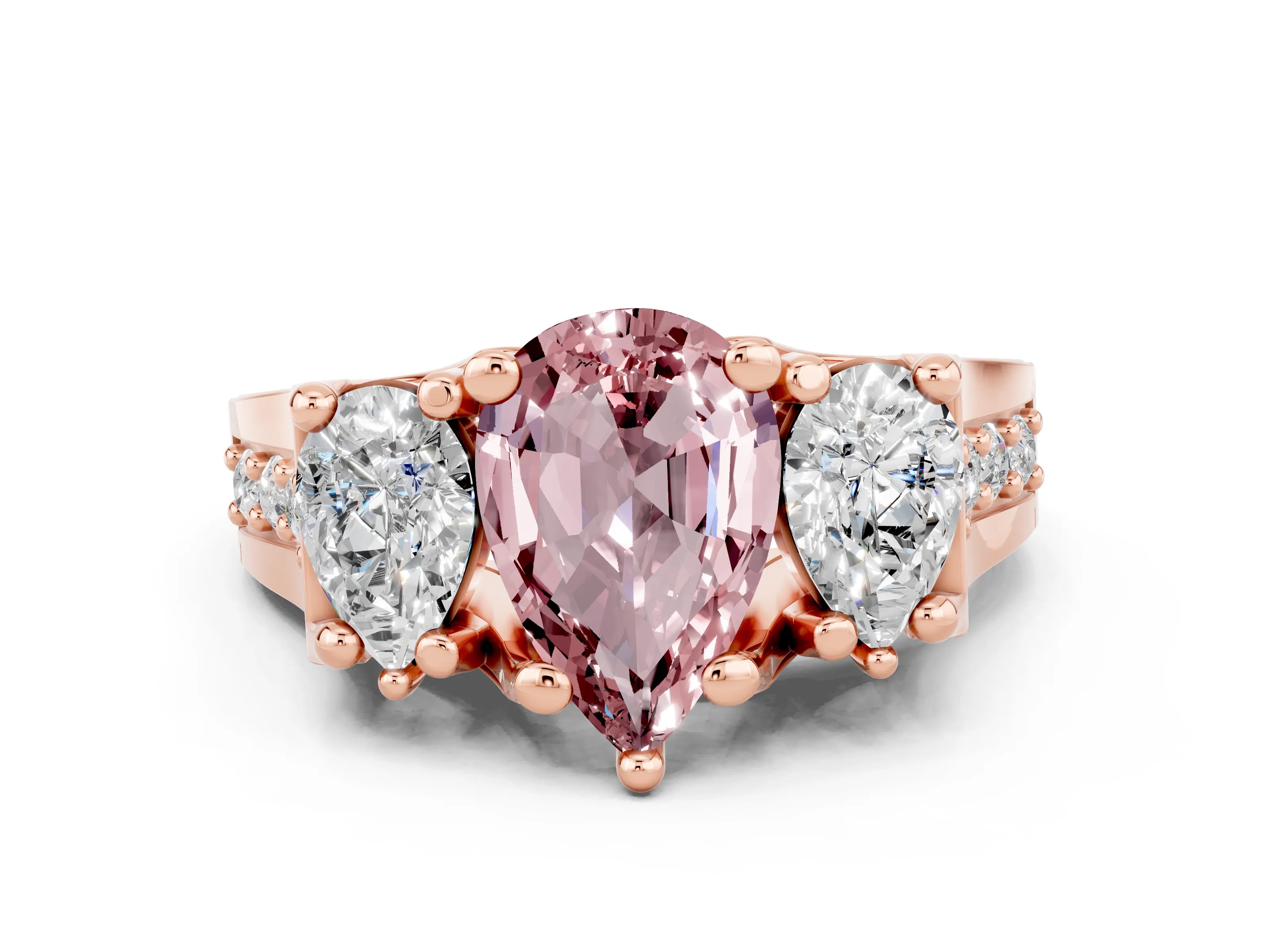 Rose gold Pear Cut Morganite Three-Stone Ring with Channel Set Band and Four-Prong Setting