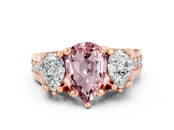 Rose gold Pear Cut Morganite Three-Stone Ring with Channel Set Band and Four-Prong Setting