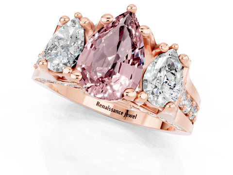 Rose gold Pear Cut Morganite Three-Stone Ring with Channel Set Band and Four-Prong Setting_1