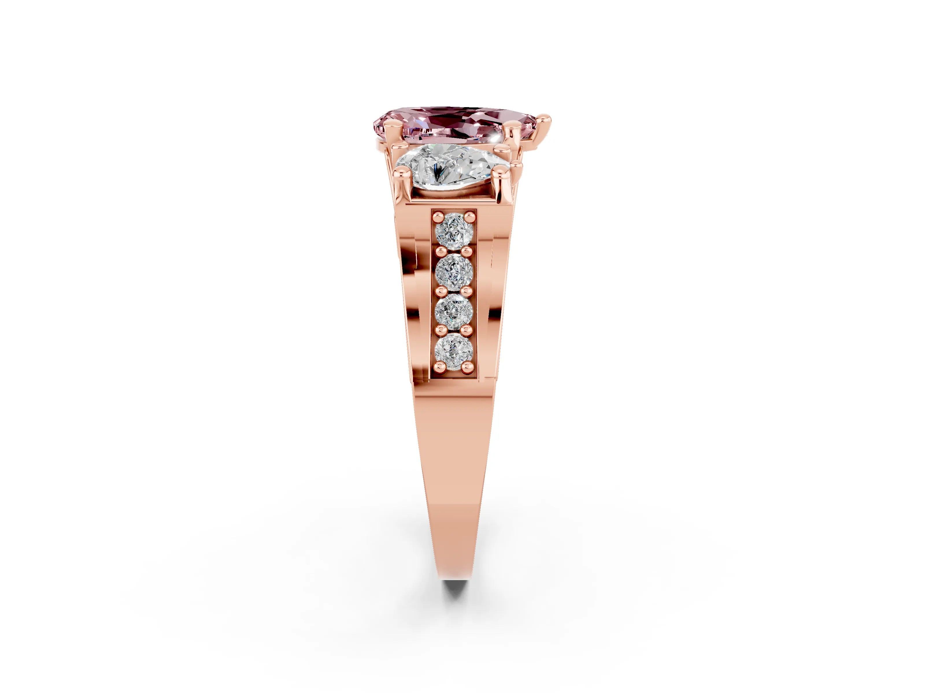 Rose gold Pear Cut Morganite Three-Stone Ring with Channel Set Band and Four-Prong Setting_2