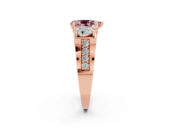 Rose gold Pear Cut Morganite Three-Stone Ring with Channel Set Band and Four-Prong Setting