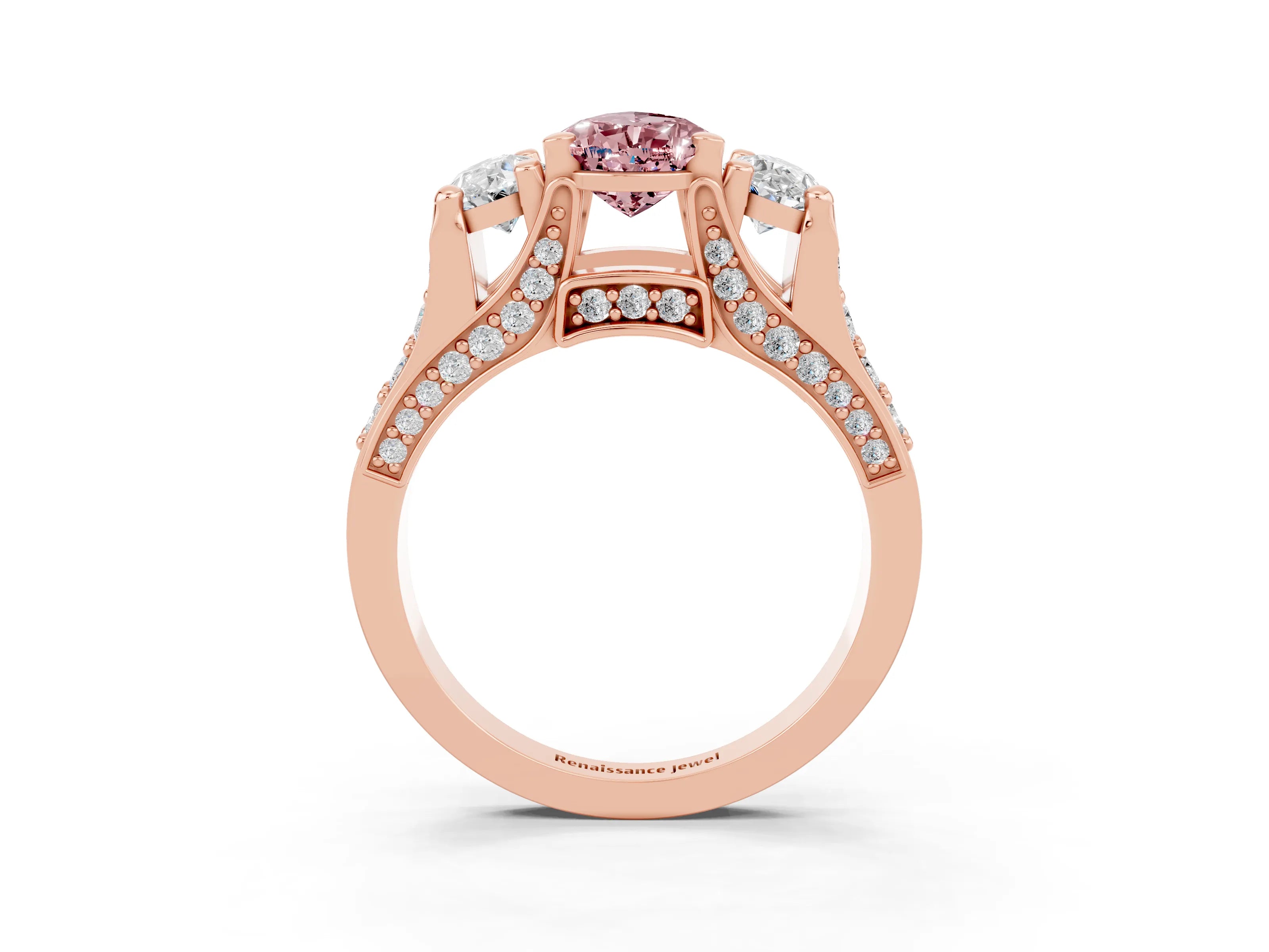 Rose gold Pear Cut Morganite Three-Stone Ring with Channel Set Band and Four-Prong Setting_3