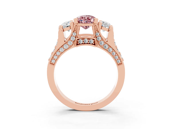 Rose gold Pear Cut Morganite Three-Stone Ring with Channel Set Band and Four-Prong Setting