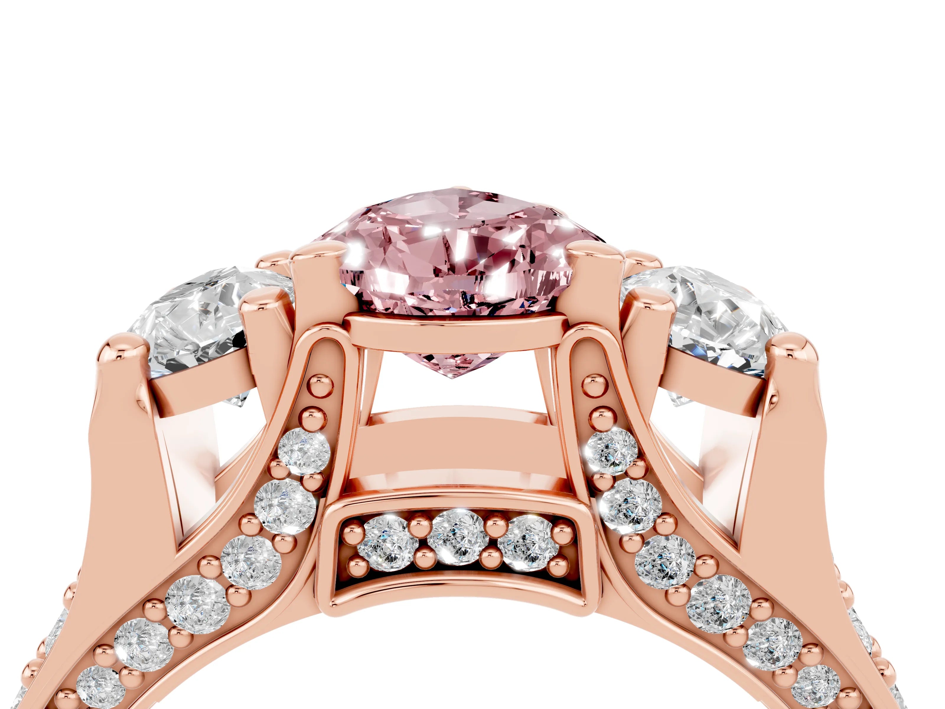 Rose gold Pear Cut Morganite Three-Stone Ring with Channel Set Band and Four-Prong Setting_4