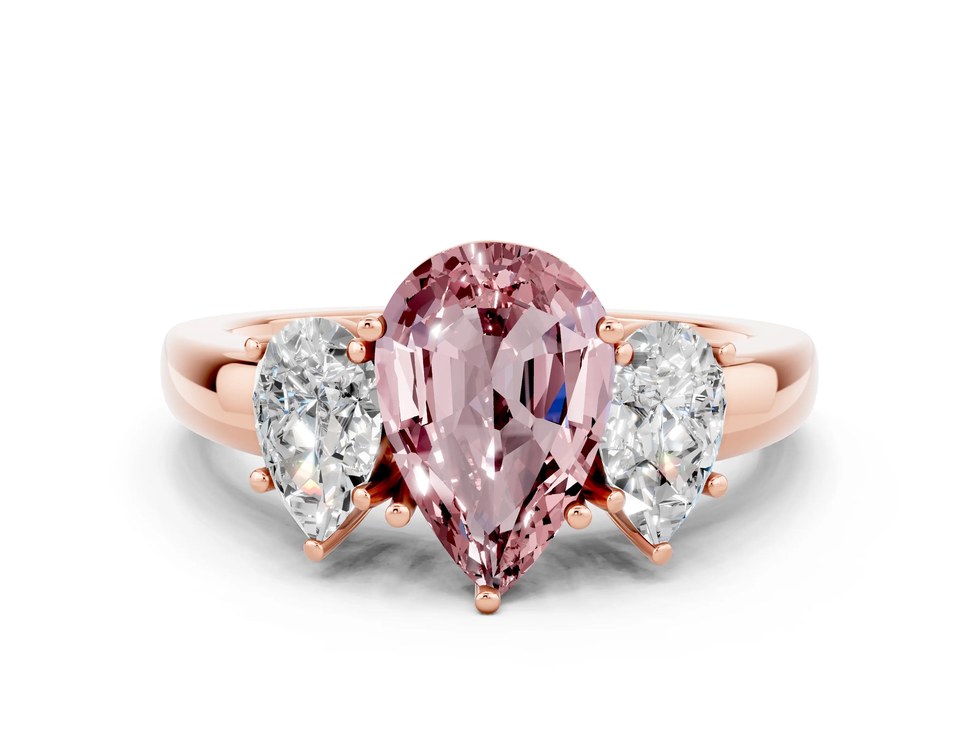 Rose gold Pear Cut Morganite Three-Stone Ring with Four-Prong Setting and Classic Band