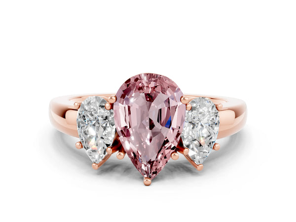 Rose gold Pear Cut Morganite Three-Stone Ring with Four-Prong Setting and Classic Band