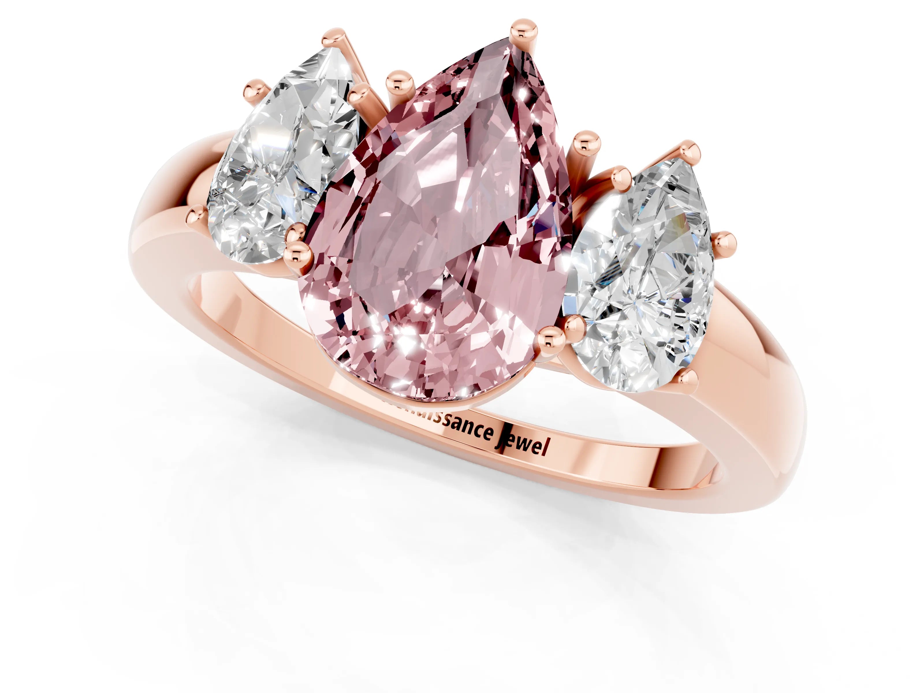 Rose gold Pear Cut Morganite Three-Stone Ring with Four-Prong Setting and Classic Band_1