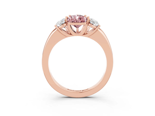 Rose gold Pear Cut Morganite Three-Stone Ring with Four-Prong Setting and Classic Band