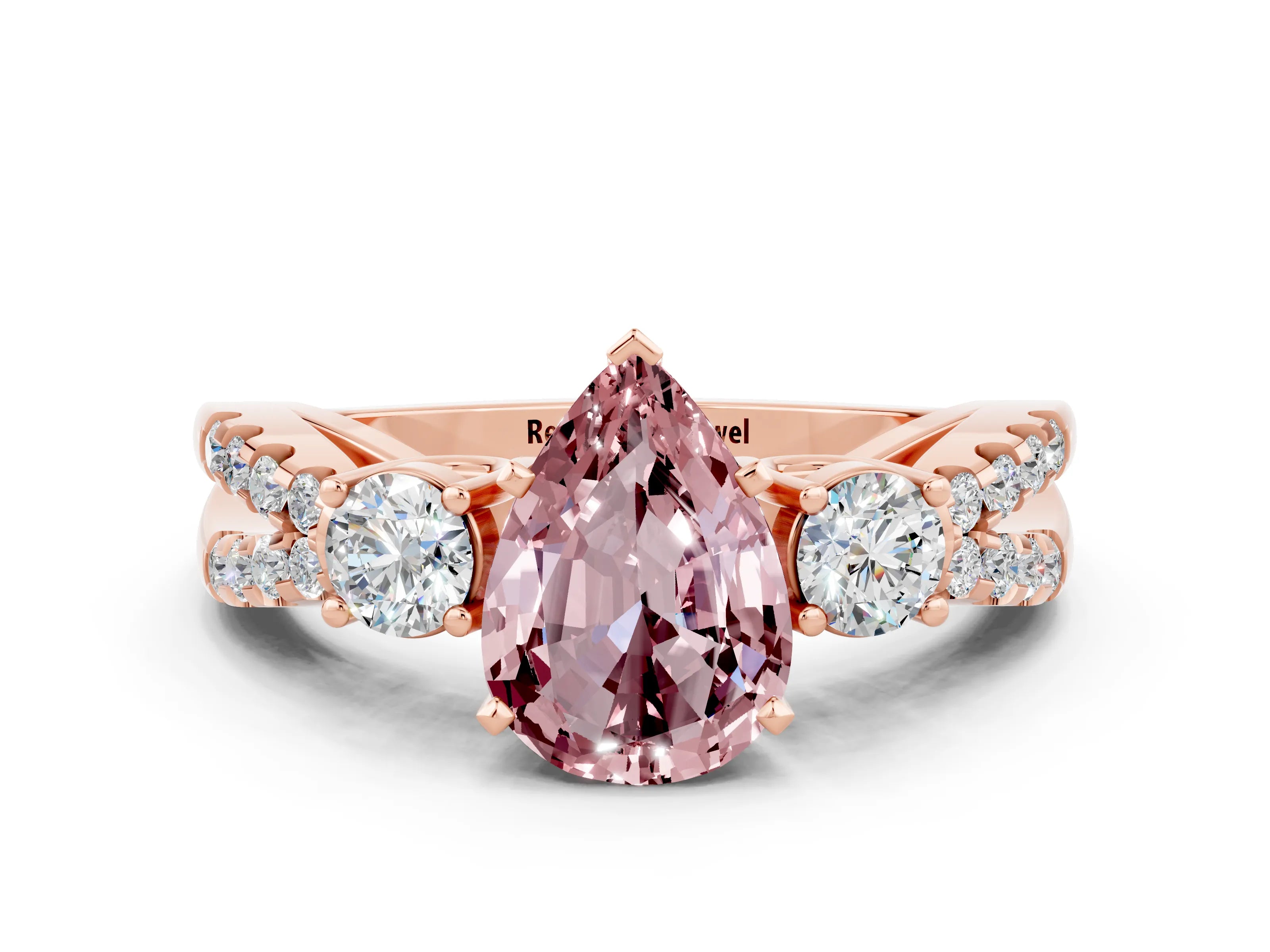 Rose gold Pear Cut Morganite Three-Stone Ring with Pavé Split Shank and Four-Prong Setting_12