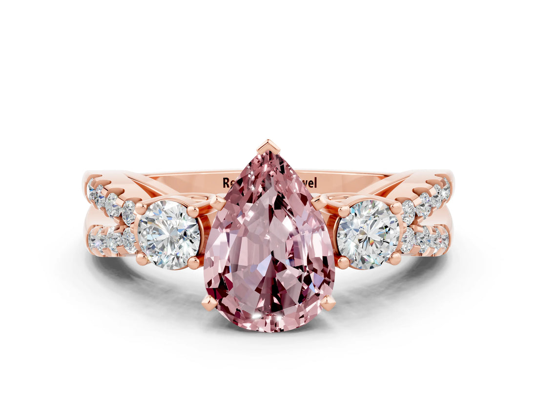 Rose gold Pear Cut Morganite Three-Stone Ring with Pavé Split Shank and Four-Prong Setting_12