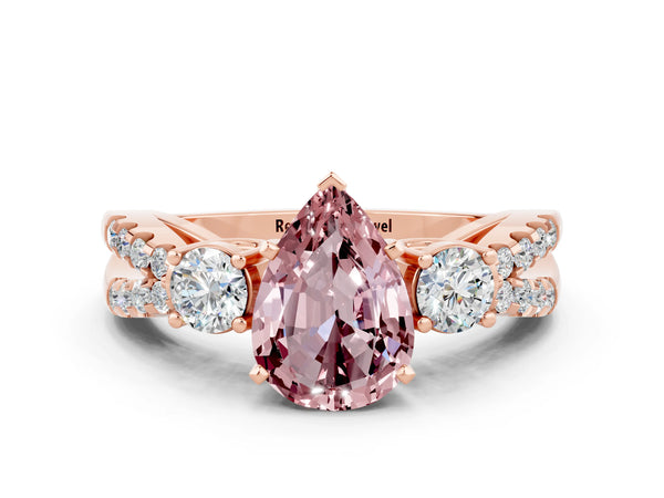 Rose gold Pear Cut Morganite Three-Stone Ring with Pavé Split Shank and Four-Prong Setting