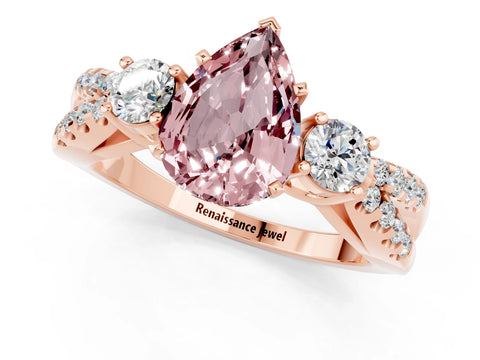 Rose gold Pear Cut Morganite Three-Stone Ring with Pavé Split Shank and Four-Prong Setting_13