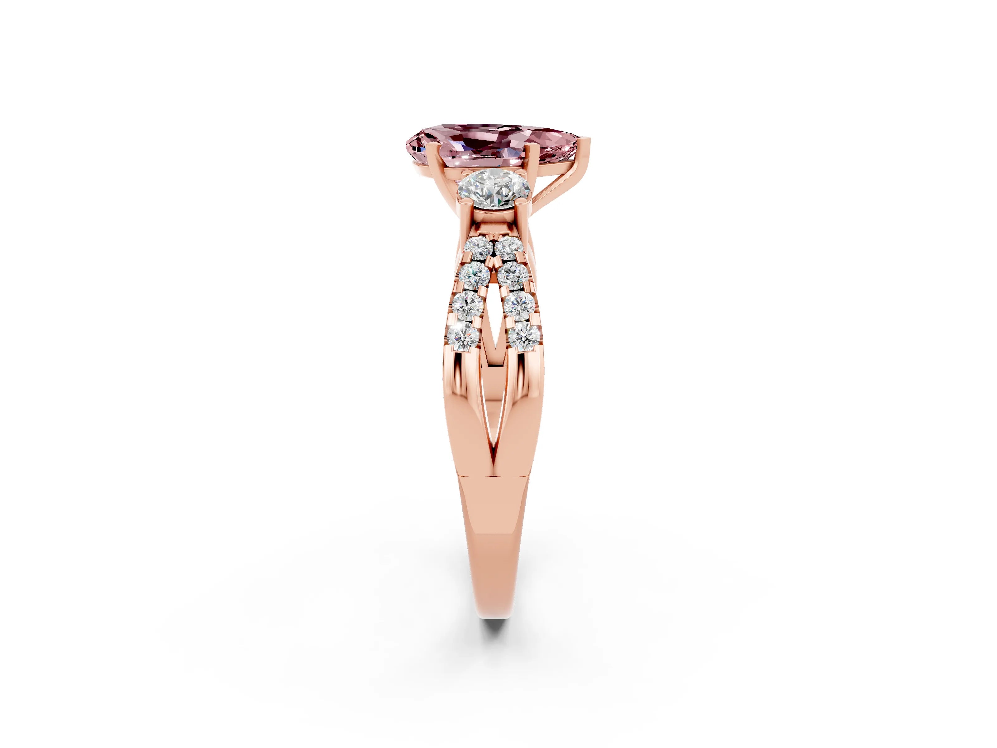 Rose gold Pear Cut Morganite Three-Stone Ring with Pavé Split Shank and Four-Prong Setting_14