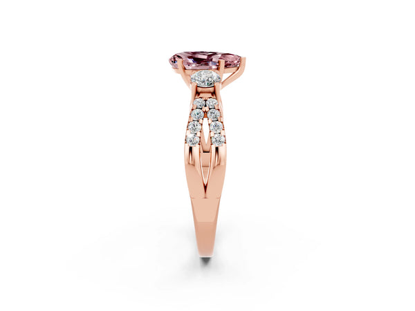 Rose gold Pear Cut Morganite Three-Stone Ring with Pavé Split Shank and Four-Prong Setting