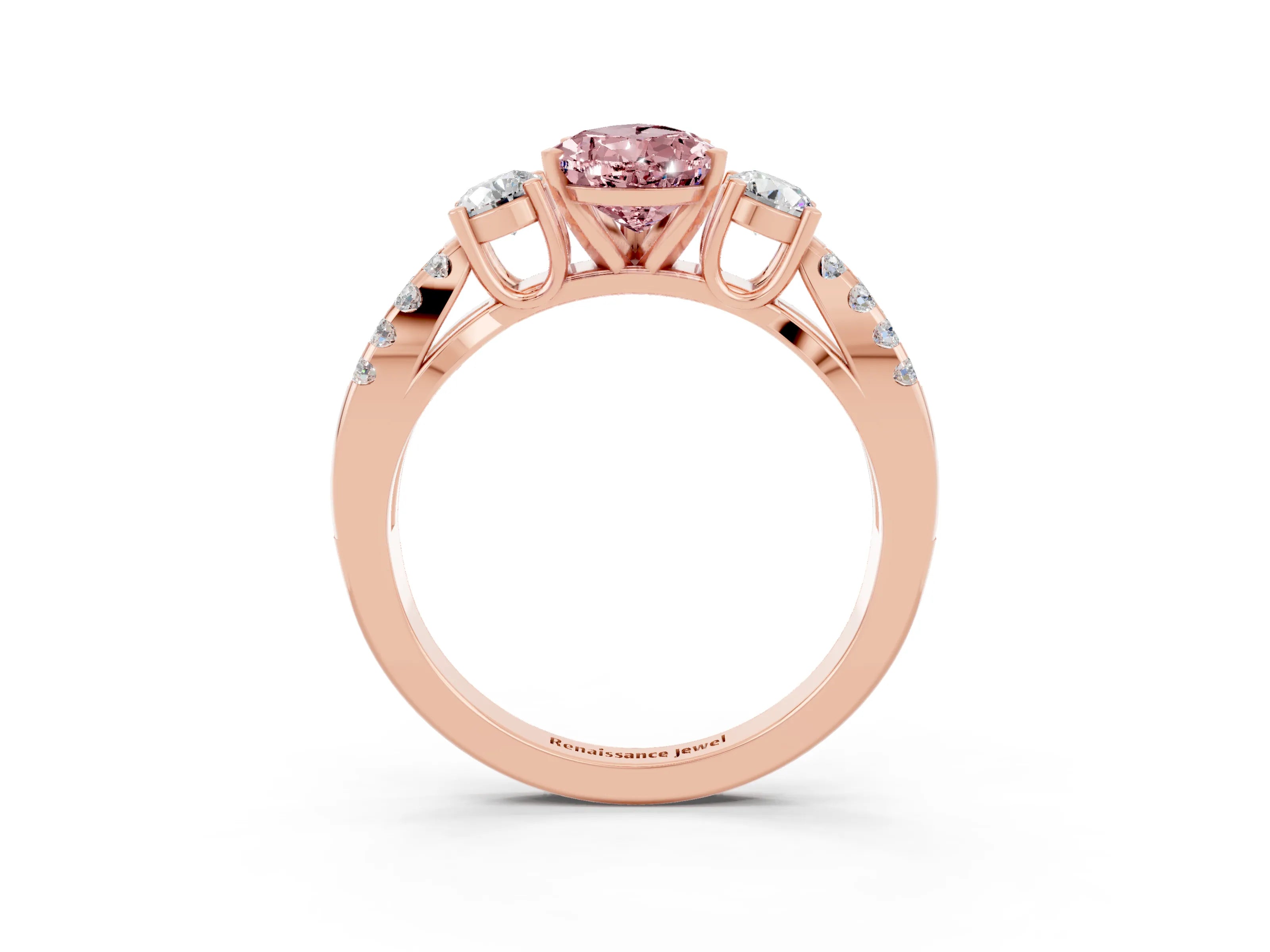 Rose gold Pear Cut Morganite Three-Stone Ring with Pavé Split Shank and Four-Prong Setting_15