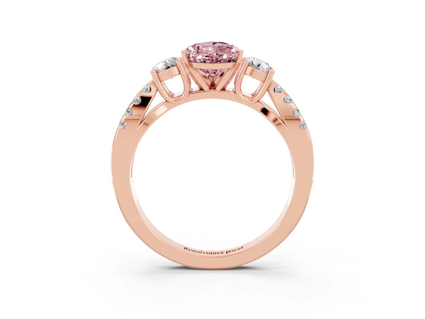 Rose gold Pear Cut Morganite Three-Stone Ring with Pavé Split Shank and Four-Prong Setting