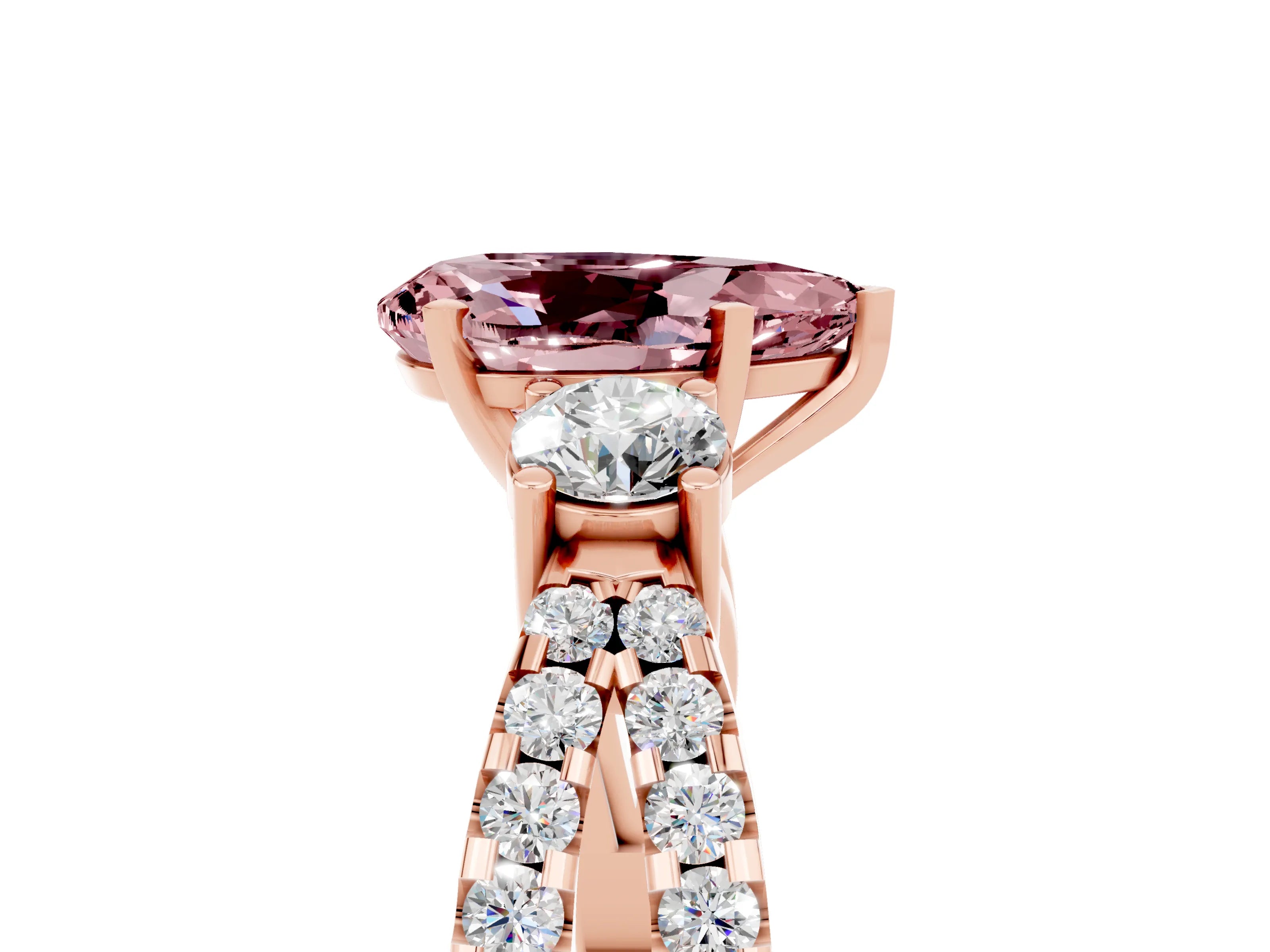 Rose gold Pear Cut Morganite Three-Stone Ring with Pavé Split Shank and Four-Prong Setting_17