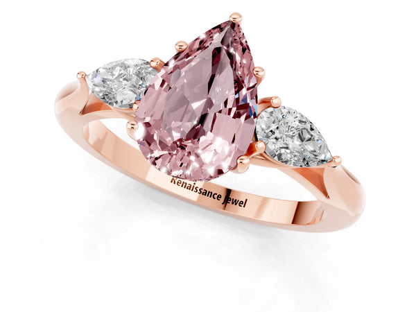 Rose gold Pear Cut Morganite Three-Stone Ring with Pear  Side Stones and Prong Setting