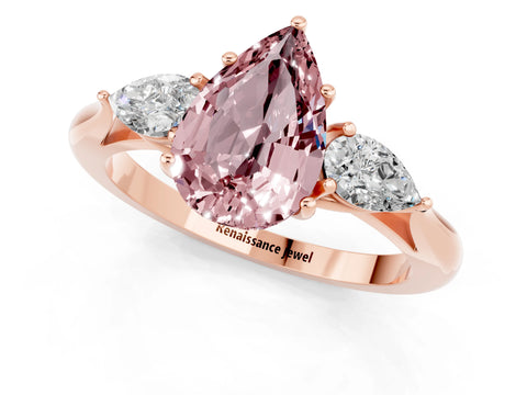 Rose gold Pear Cut Morganite Three-Stone Ring with Pear Side Stones and Four-Prong Setting_13