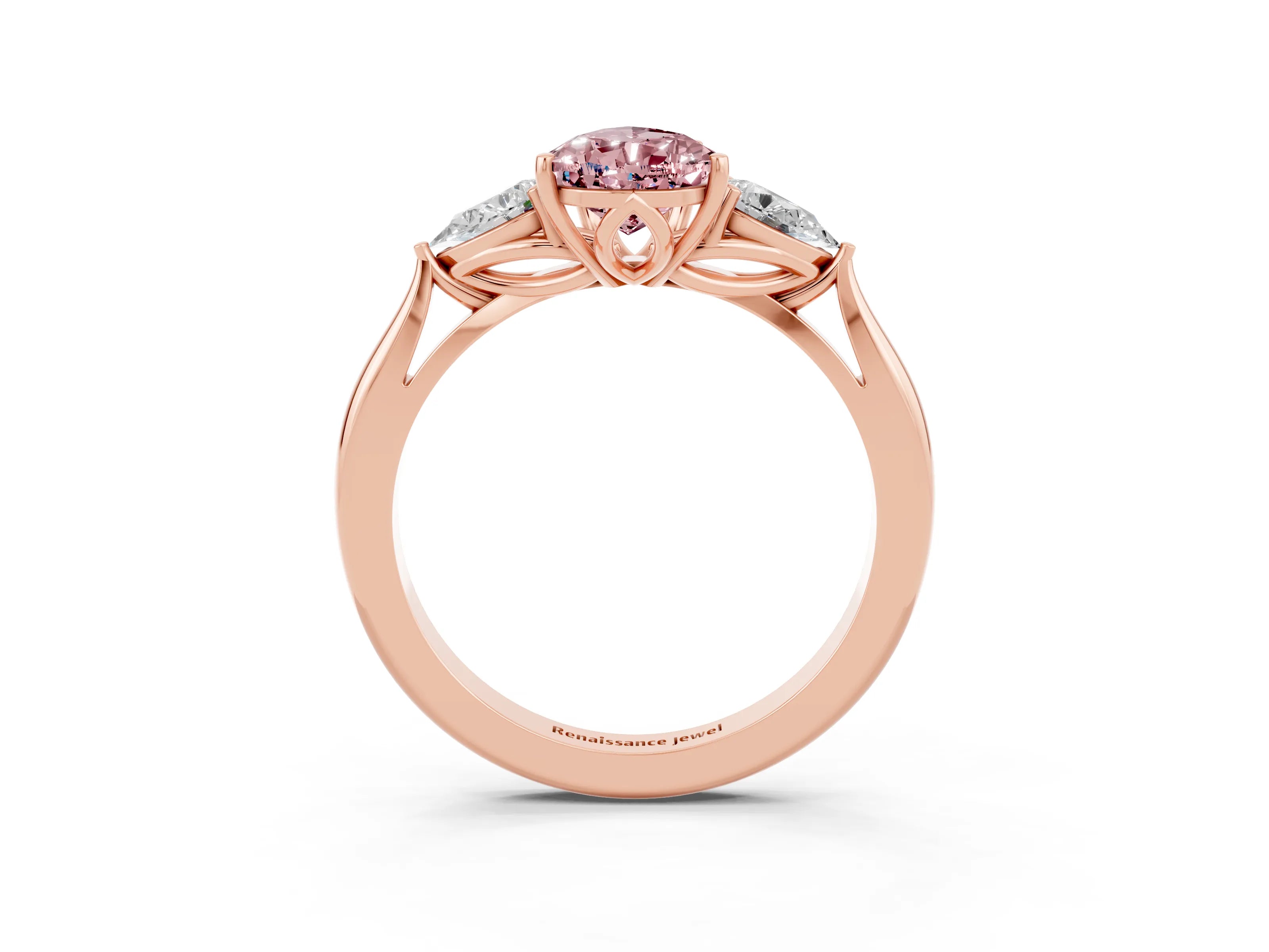 Rose gold Pear Cut Morganite Three-Stone Ring with Pear Side Stones and Four-Prong Setting_15