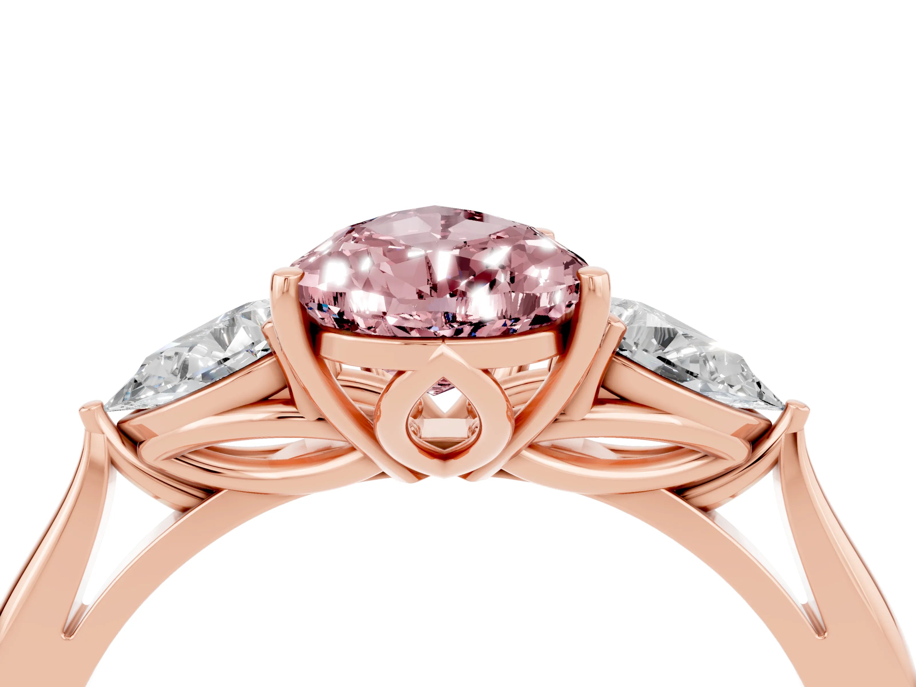 Rose gold Pear Cut Morganite Three-Stone Ring with Pear Side Stones and Four-Prong Setting_16