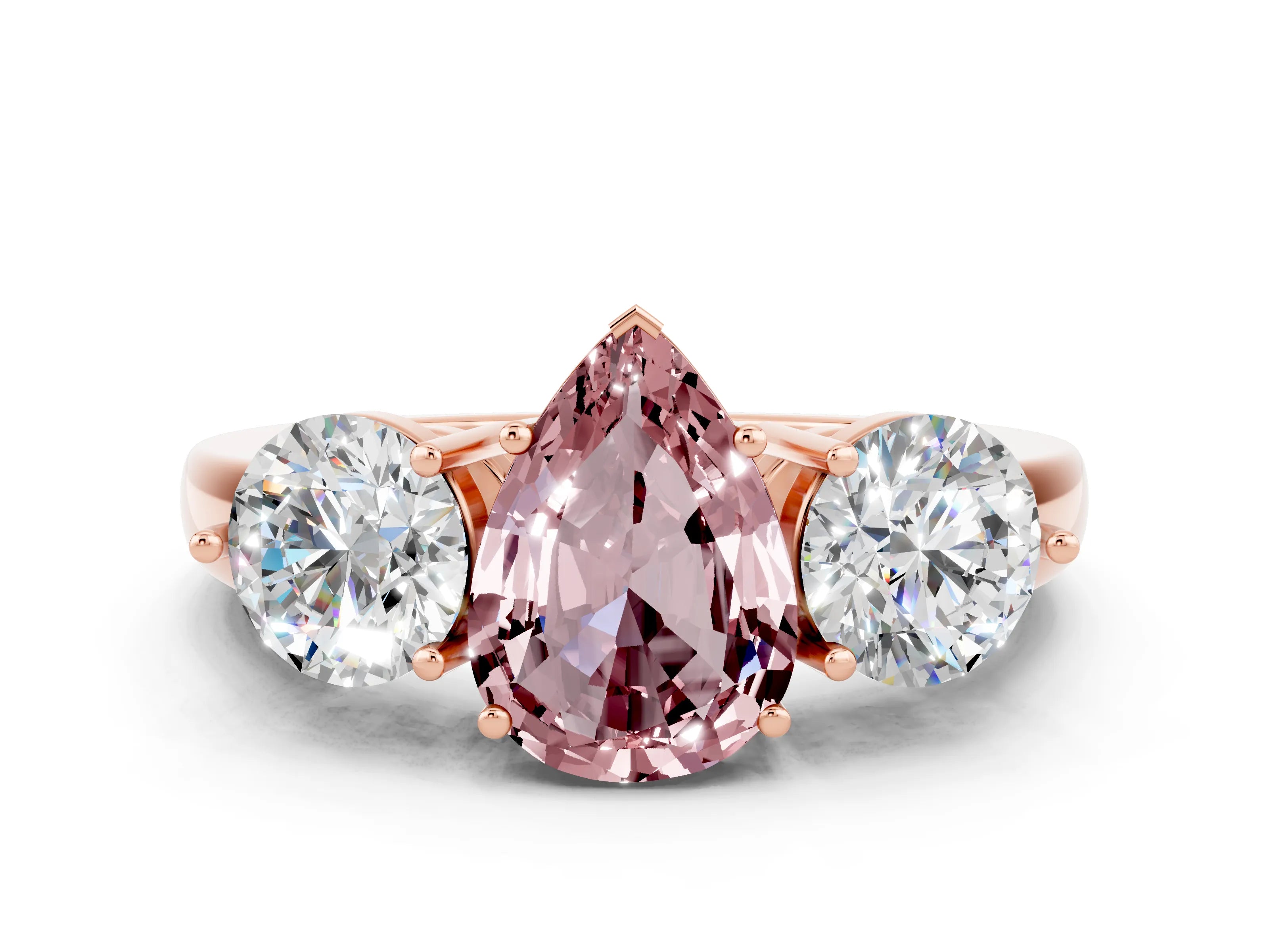 Rose gold Pear Cut Morganite Three-Stone Ring with Prong Setting and Classic Band