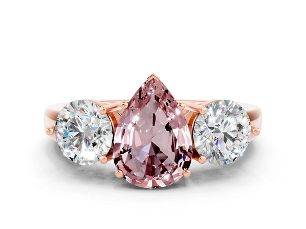 Rose gold Pear Cut Morganite Three-Stone Ring with Prong Setting and Classic Band
