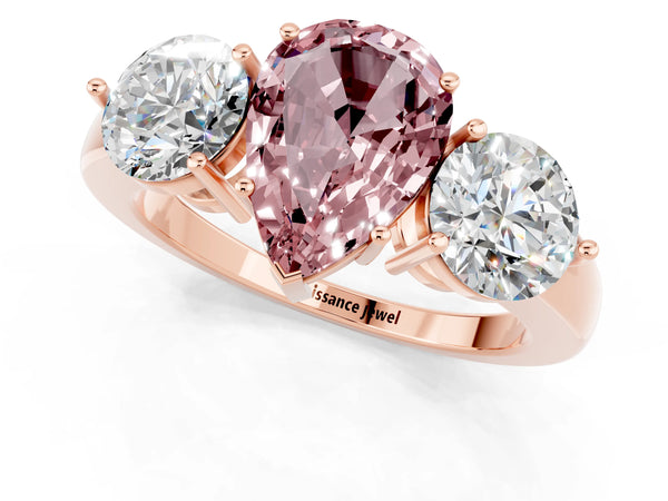 Rose gold Pear Cut Morganite Three-Stone Ring with Prong Setting and Classic Band