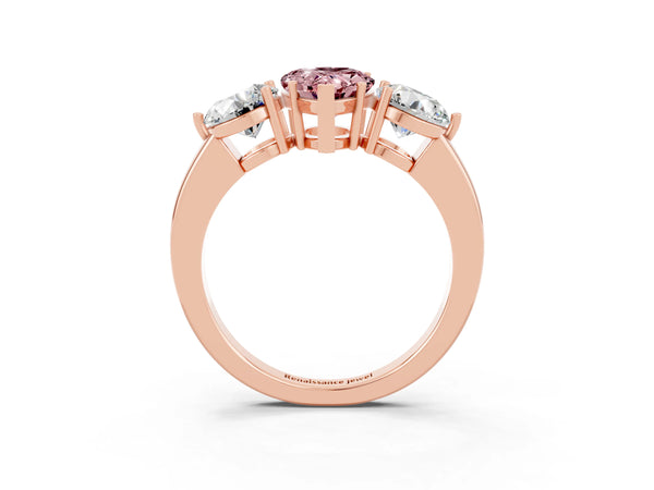 Rose gold Pear Cut Morganite Three-Stone Ring with Prong Setting and Classic Band