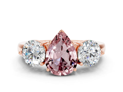 Rose gold Pear Cut Morganite Three-Stone Ring with Prong Setting and Classic Band